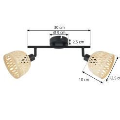 Lindby takspotlight Youstin, 30 cm lang, bambus, 2-lys, E14 Hot