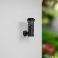 Lindby utendørs vegglampe Heulo, Ø 10,5 cm, røykgrå, sensor| Vegglamper Med Sensor|Utebelysning Med Sensor