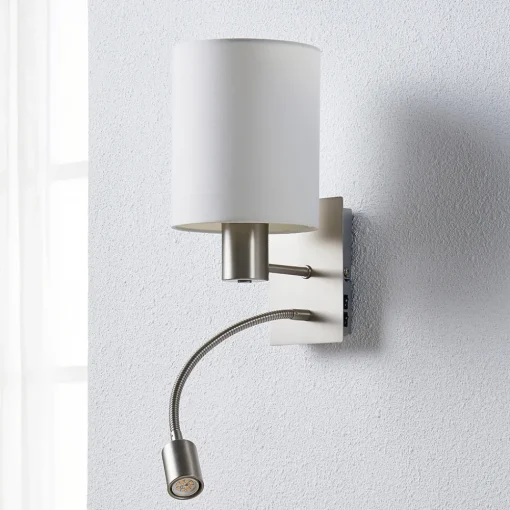 Lindby vegglampe Shajan, 29 cm, tekstil, E27, LED-leselampe