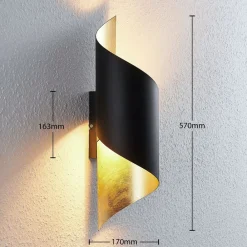 Lindby vegglampe Vanni, svart/gull, metall, høyde 57 cm| Design- Og Hotellbelysning|Vegglamper