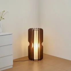 Lucande Gulvlampe Juneta, 75 cm, brun, tre, tekstil| Gulvlamper