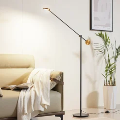 Lucande LED-gulvlampe Adomas, svart/gull, jern, dimbar Discount