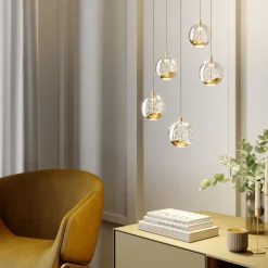 Lucande LED-pendellampe Hayley, Ø 30 cm, 5 lyskilder, gull, glass