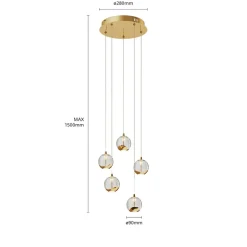 Lucande LED-pendellampe Hayley, Ø 30 cm, 5 lyskilder, gull, glass