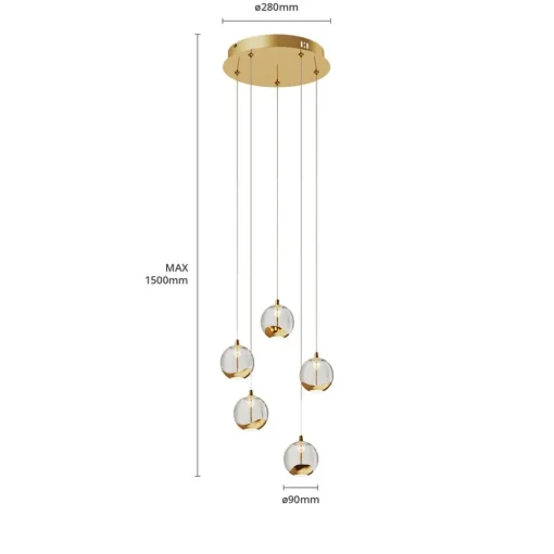 Lucande LED-pendellampe Hayley, Ø 30 cm, 5 lyskilder, gull, glass