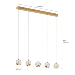 Lucande LED-pendellampe Hayley, 96 cm, 5 lyskilder, gull, glass| Led-Innendørs