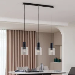 Lucande pendellampe Eirian, 90 cm, 3-lys, svart, glass Online