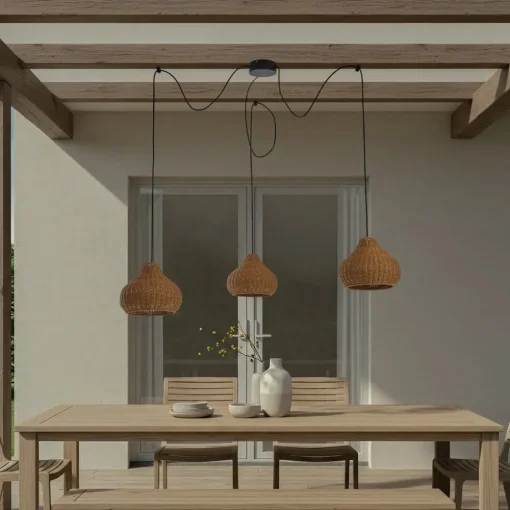 Lucande utendørs pendellampe Taniola, 3 lyskilder, beige, rotting, IP44| Pendellamper Utendørs|Terrassebelysning