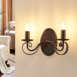 Lucande vegglampe Caleb, 2 lyskilder, rustfarget, metall, E14| Design- Og Hotellbelysning