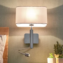 Lucande vegglampe Jettka, høyde 63 cm, lesearm, tekstil| Led-Innendørs|Vegglamper