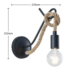 Lucande vegglampe Ropina, svart, hampetau, høyde 25 cm| Design- Og Hotellbelysning|Vegglamper