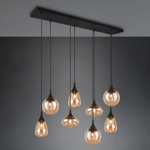 Trio Lighting Lumina pendellampe, 8-lys, svart/amber, glass| Pendellamper