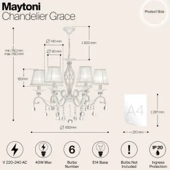 Maytoni Grace lysekrone, hvit, 6 lyskilder, organza, E14| Lysekroner