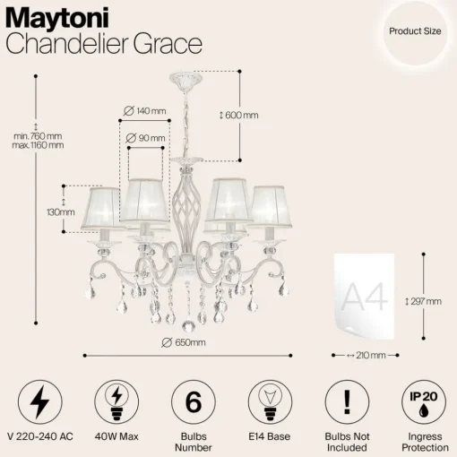 Maytoni Grace lysekrone, hvit, 6 lyskilder, organza, E14| Lysekroner