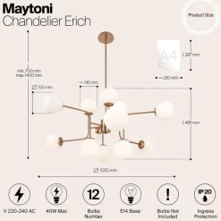 Maytoni lysekrone Erich, messing roséglass/metall, 12 lyskilder.| Lysekroner|Pendellamper