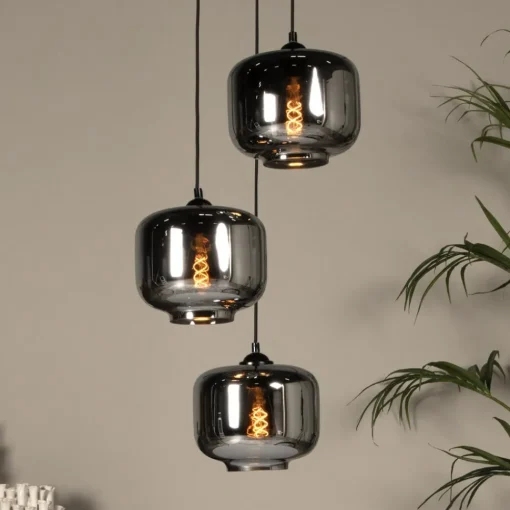 Lucide Medine pendellampe, røykgrå, Ø 46 cm, glass, 3 lyskilder| Pendellamper