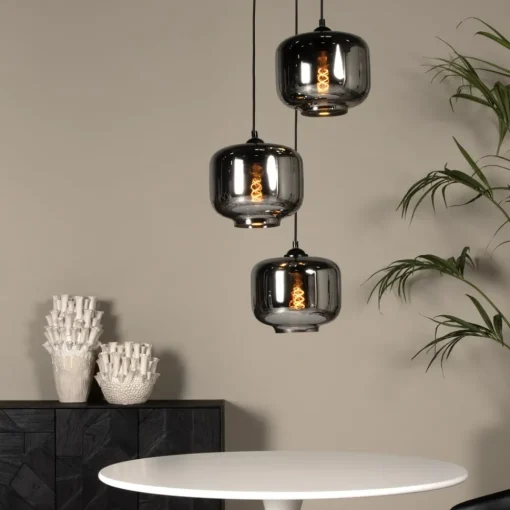 Lucide Medine pendellampe, røykgrå, Ø 46 cm, glass, 3 lyskilder| Pendellamper