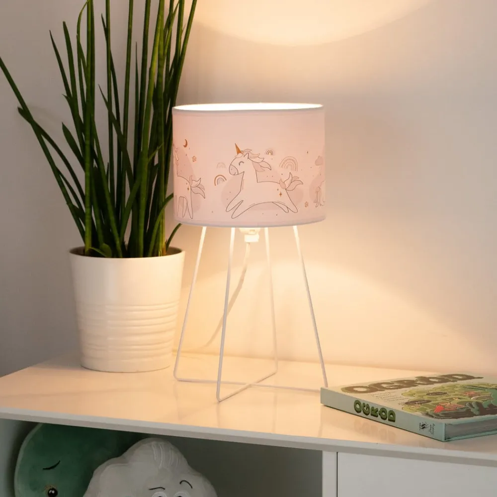 Duolla Mila bordlampe, stoff, enhjørninger, E14, høyde 32,5 cm| Bordlamper