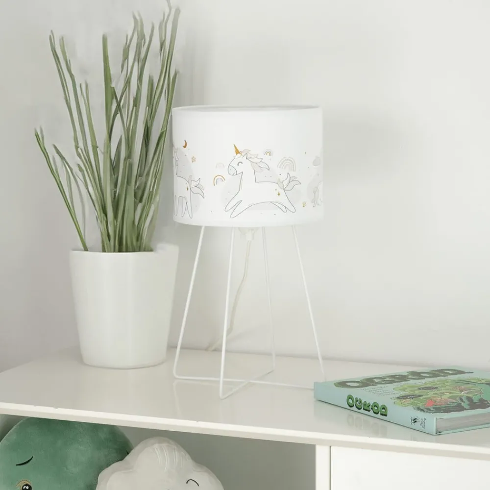 Duolla Mila bordlampe, stoff, enhjørninger, E14, høyde 32,5 cm| Bordlamper
