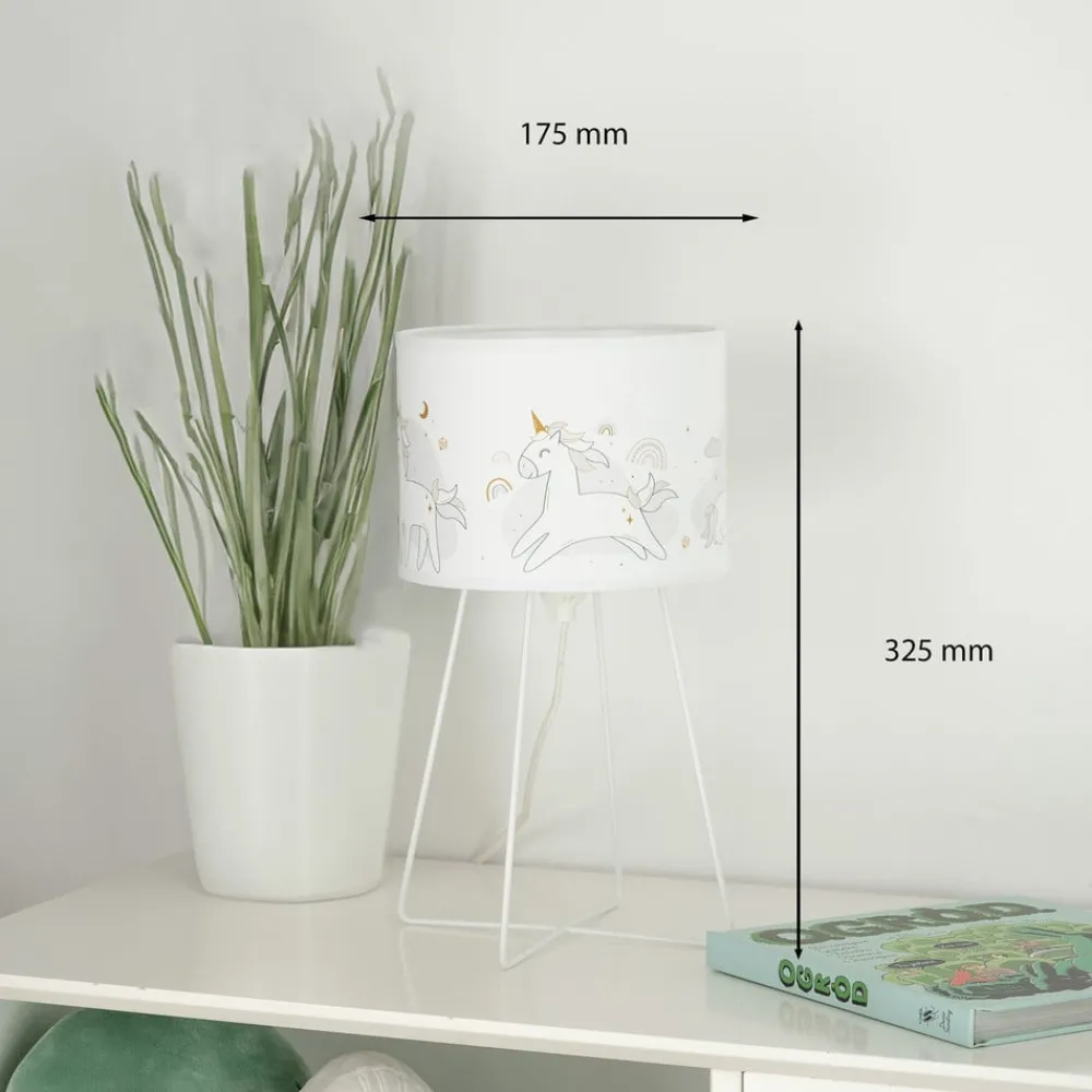 Duolla Mila bordlampe, stoff, enhjørninger, E14, høyde 32,5 cm| Bordlamper