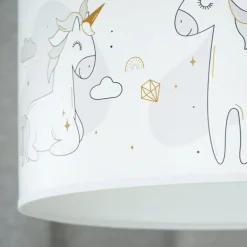 Duolla Mila bordlampe, stoff, enhjørninger, E14, høyde 32,5 cm| Bordlamper