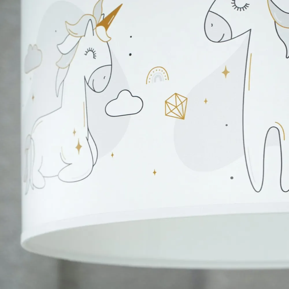 Duolla Mila bordlampe, stoff, enhjørninger, E14, høyde 32,5 cm| Bordlamper