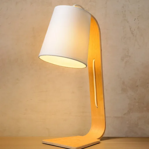 Lucide Nordisk hvit bordlampe i tre med stoffskjerm Best