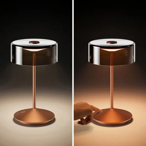 Sigor Numotion LED oppladbar bordlampe, bronse, glass, IP54, dimbar| Terrassebelysning