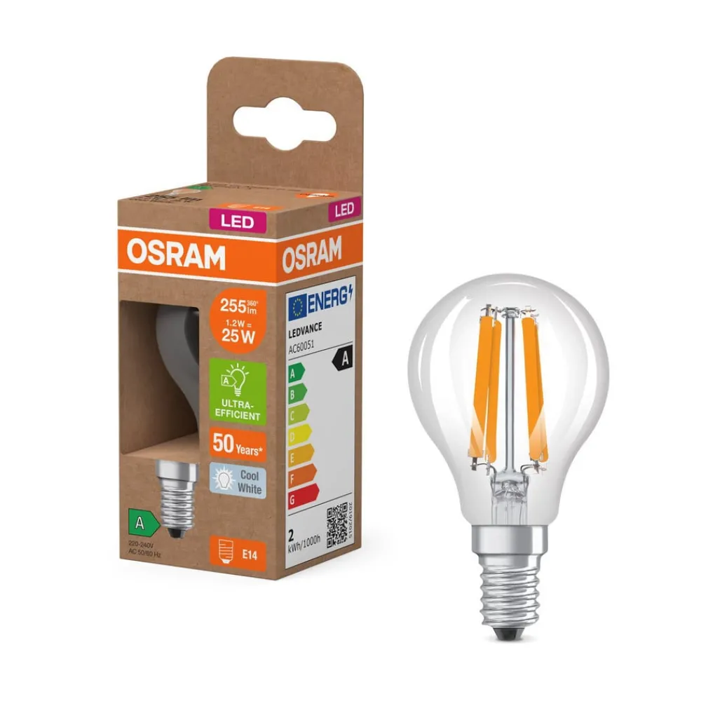 OSRAM LED-filamentpære dråpe E14 1,2W glødetråd 4000K 255lm| E14 Pærer