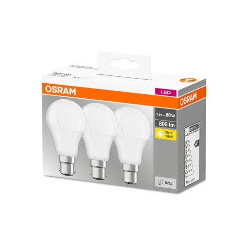 OSRAM LED-pære Classic B22d 8,5W 2 700 K 806lm 3er Discount