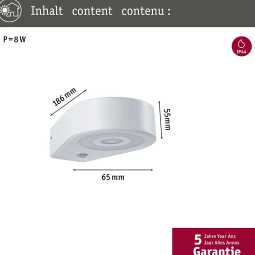 Paulmann utendørs LED-vegglampe Silma hvit 1 lyskilde IP44| Vegglamper Med Sensor|Utebelysning Med Sensor
