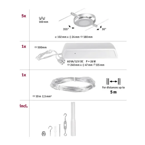 Paulmann Wire RoundMac LED-vaiersystem, 5-lk. krom| Led-Innendørs