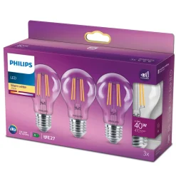 Philips LED-pære Classic E27 4,3W 2 700 K klar 3er Online