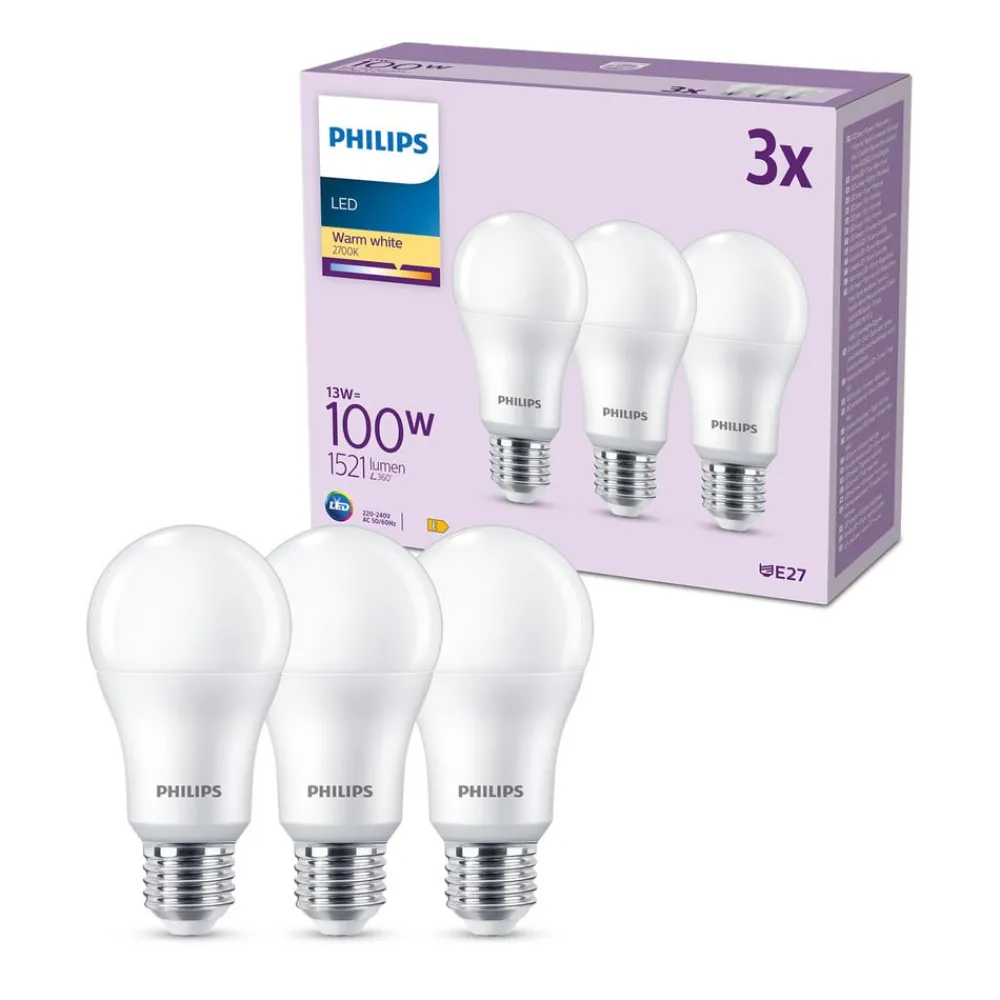 Philips LED-pære E27, 13W 1521lm 2 700 K matt 3stk| E27 Pærer|Led-Pærer