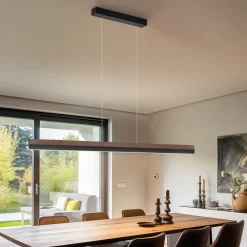 Quitani LED hengelampe Keijo, svart/nøtt, lengde 143 cm