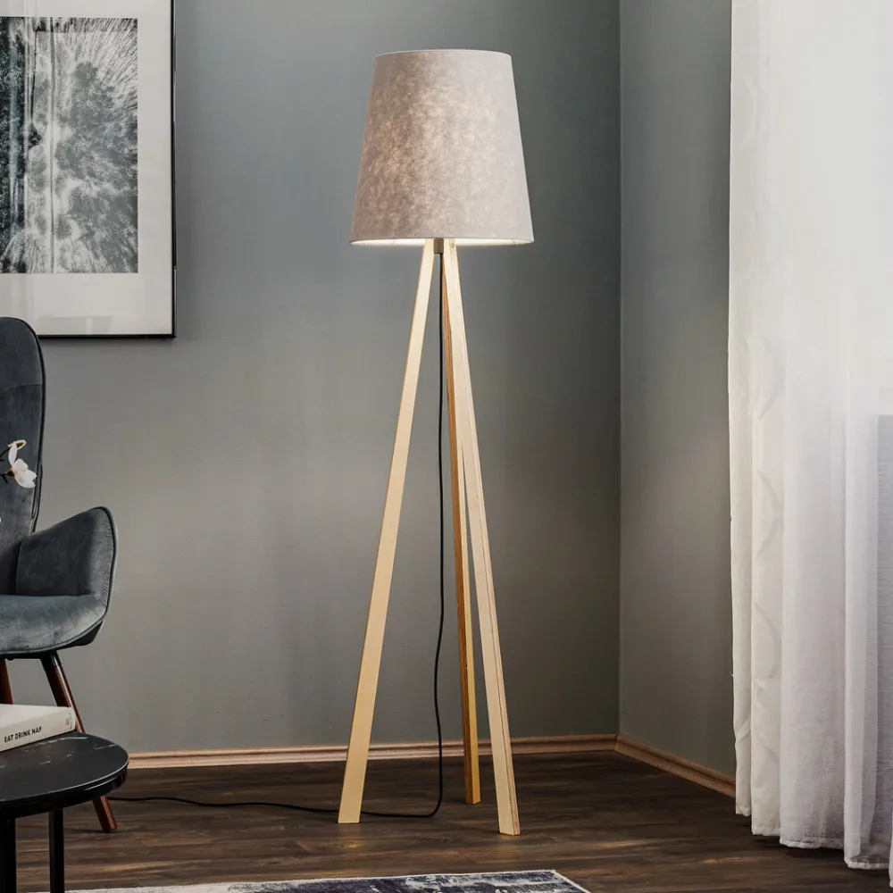 Quitani stativgulvlampe Jata, tre, filt, grå Discount