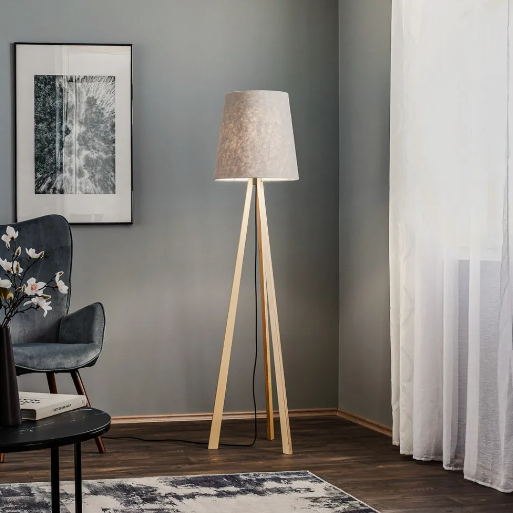 Quitani stativgulvlampe Jata, tre, filt, grå Discount