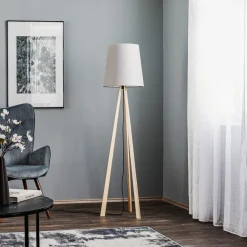 Quitani stativgulvlampe Jata, tre, filt, grå Discount