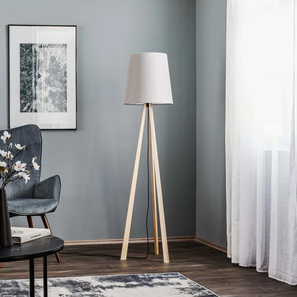 Quitani stativgulvlampe Jata, tre, filt, grå Discount