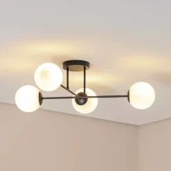 Euluna Taklampe Glassy, 4 lyskilder, krysset, svart/opal| Design- Og Hotellbelysning