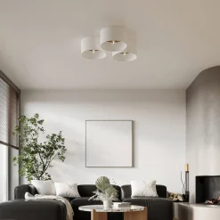 SOLLUX LIGHTING Taklampe Telesto, hvit, Ø 35 cm, stoff, tre, stål New