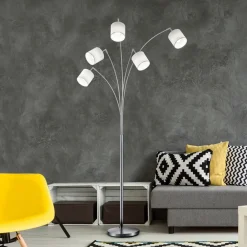 Reality Leuchten Tommy gulvlampe, nikkel/hvit, høyde 200 cm, 5-lys, stoff Hot