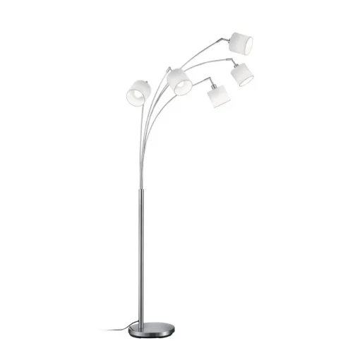 Reality Leuchten Tommy gulvlampe, nikkel/hvit, høyde 200 cm, 5-lys, stoff Hot