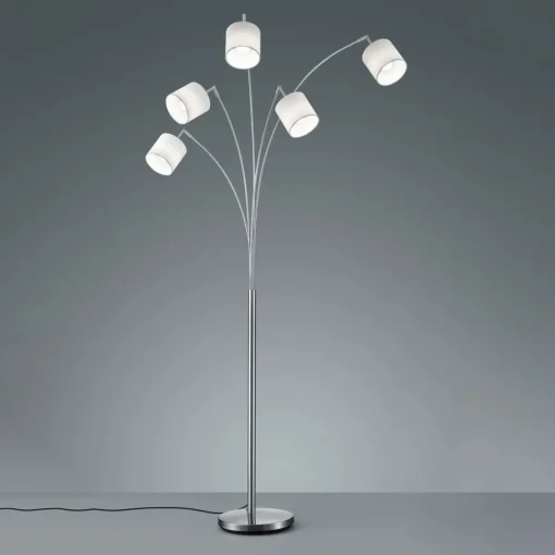 Reality Leuchten Tommy gulvlampe, nikkel/hvit, høyde 200 cm, 5-lys, stoff Hot