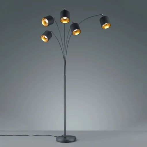 Reality Leuchten Tommy gulvlampe, svart/gull, høyde 200 cm, 5-lys, stoff Online