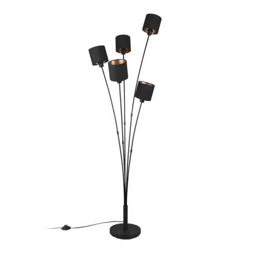Reality Leuchten Tommy gulvlampe, svart/gull, høyde 163 cm, 5-lys stoff