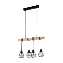 EGLO Townshend hengelampe, lengde 70 cm, svart/eik, 4 lyskilder.| Pendellamper
