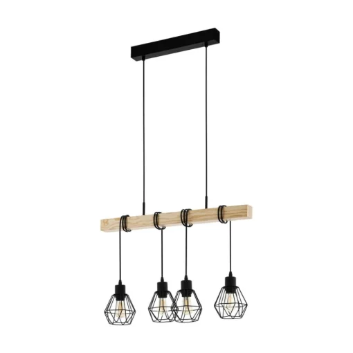 EGLO Townshend hengelampe, lengde 70 cm, svart/eik, 4 lyskilder.| Pendellamper