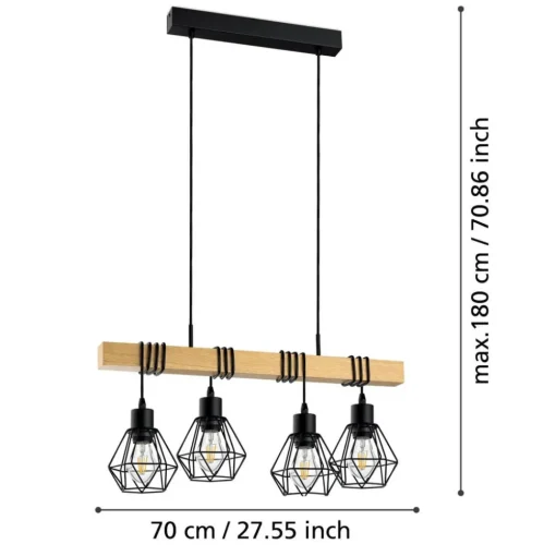 EGLO Townshend hengelampe, lengde 70 cm, svart/eik, 4 lyskilder.| Pendellamper