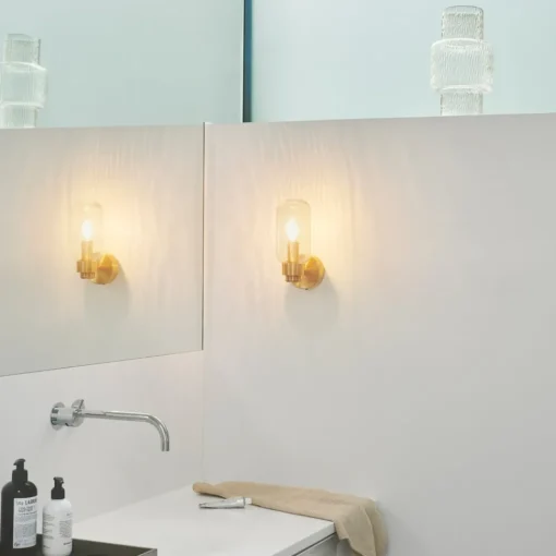 Nordlux Tutan vegglampe, metall, glass, E14, IP44, messingfarget| Vegglamper
